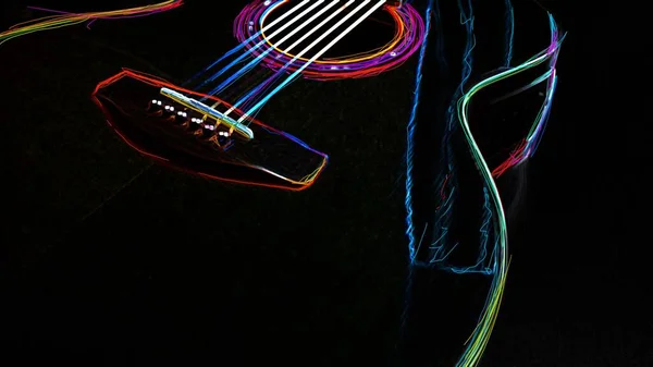 Guitar Closeup Dark Background Abstract Neon Painting — Stock Photo, Image