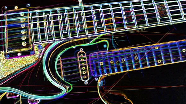Zbliżenie Gitar Mroczne Tło Abstrakcyjne Malarstwo Neonowe — Zdjęcie stockowe