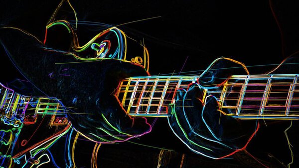 GuItar  closeup . Dark background . abstract neon painting