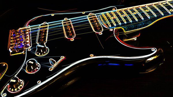 GuItar closeup . Dark background . abstract neon painting