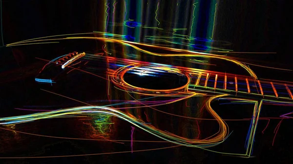 Guitar Closeup Dark Background Abstract Neon Painting — Stock Photo, Image