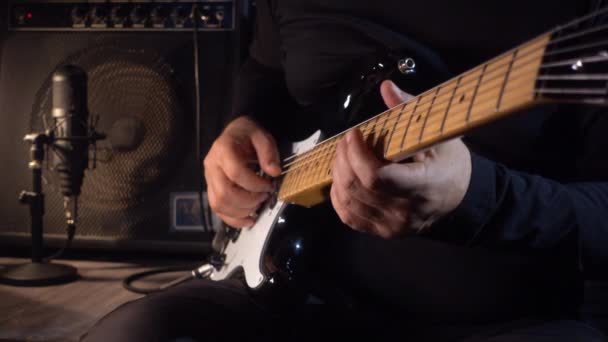 Musician Playing Electric Guitar Studio Closeup — Stock Video