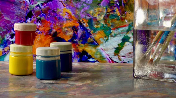 Pennelli Vernici Artistiche Pittura Arte Colore Sfondo — Foto Stock