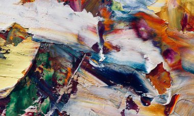 Renkli soyut resim arkaplanı. Modern motif görsel sanat. Yağ renkli yoğun bir karışım. Moda el boyama bezi. Moda poster kağıdı için tuval üzerindeki fırça darbelerini boya