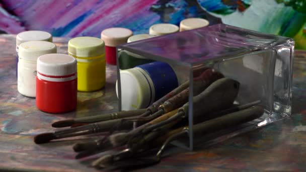 Sikat Seni Dan Cat Lukisan Seni Abstrak Latar Belakang Warna — Stok Video