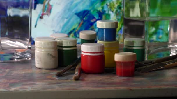 Pinsel Und Farben Abstrakte Malerei Farbhintergrund — Stockvideo