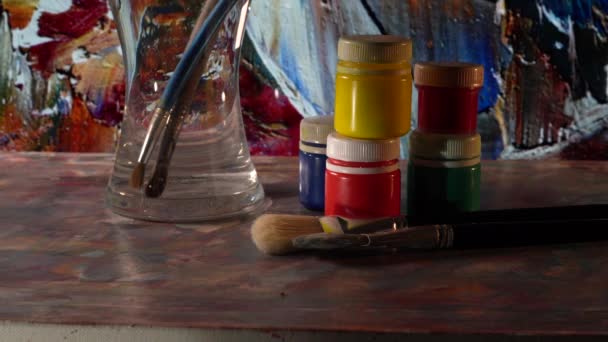 Konstborstar Och Målarfärger Abstrakt Konstmålning Färg Bakgrund — Stockvideo
