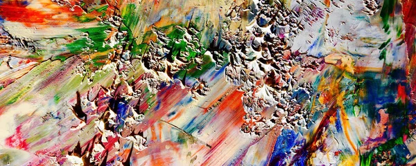 カラフルな抽象画の背景 現代的なモチーフの視覚芸術 オイル鮮やかな色の集中的な多色のミックス 流行の手描きのキャンバス 流行のポスターのためのキャンバス上の絵筆をペイント壁紙 — ストック写真