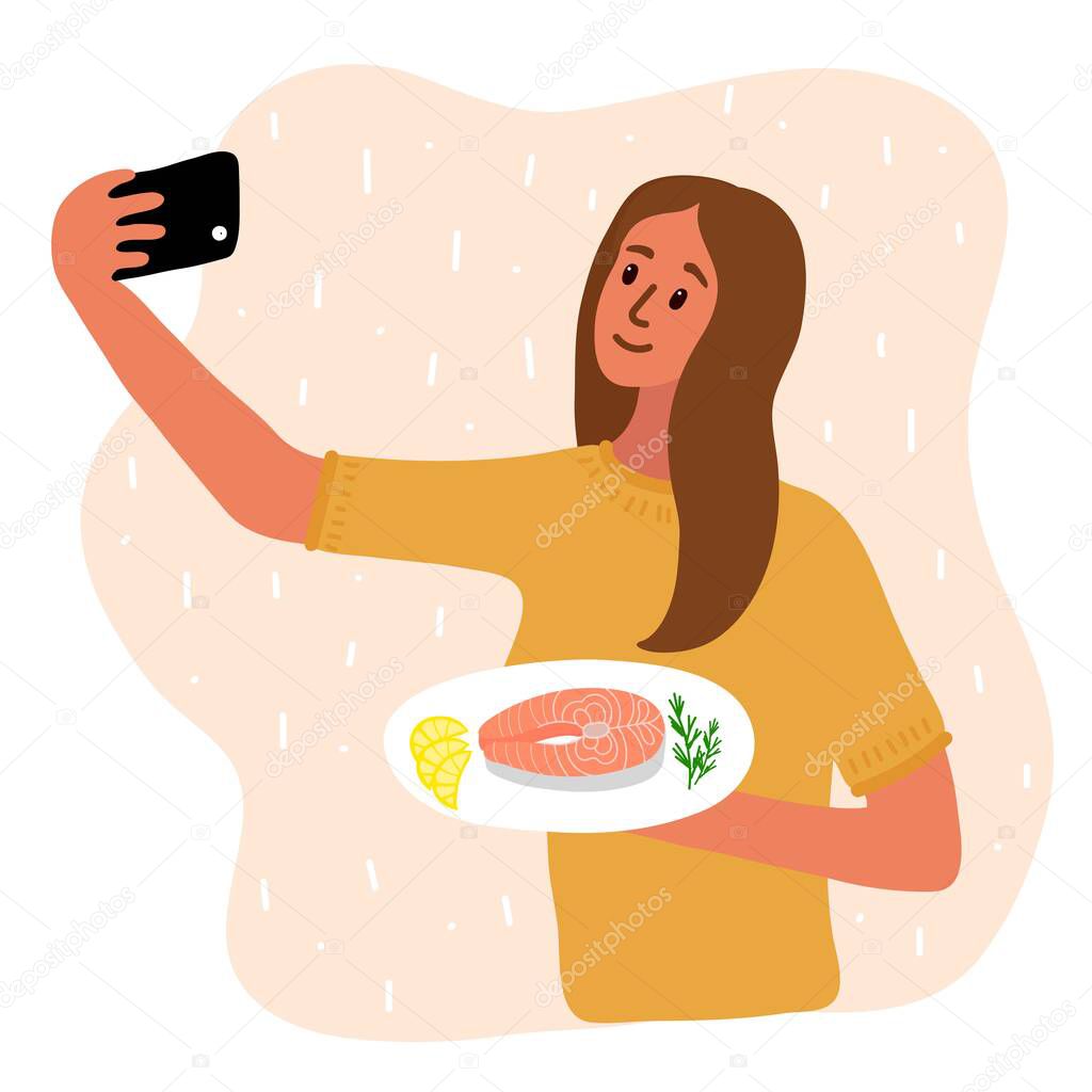 woman food blogger making photo selfie with salmon steak and lemon and rosemary for blog. Cute girl with smartphone camera. Social media Vector cartoon illustration.