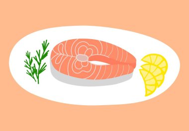 Somon biftekli tabak, bir dilim limon ve biberiyeli dal. Renkli bir arkaplanda izole edilmiş vektör illüstrasyonu