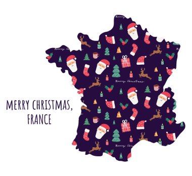 Kusursuz bir Noel desenli Fransa haritası. Noel Baba, mumlar, geyik, böğürtlen, ağaçlar. Yeni yıl bayramı sembollü tebrik kartı. Çizgi film komik vektör çizimi.