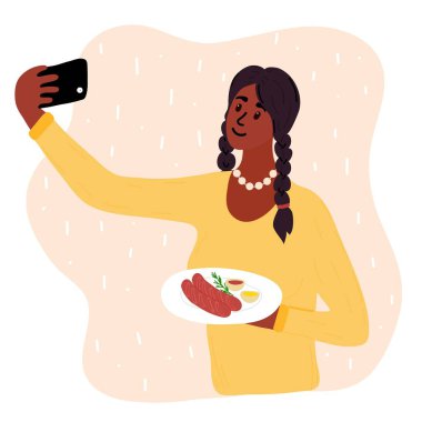 Siyahi Afrikalı kadın yemek blogcusu blog için iki sosis, hardal, ketçap sosu ve biberiyeyle foto selfie çekiyor. Akıllı telefon kamerası olan tatlı bir kız. Sosyal medya vektörü çizgi film çizimi.