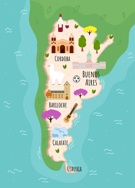 アルゼンチンの漫画地図 南アメリカの国のランドマーク 食品や植物との旅行イラスト 面白い観光インフォグラフィック 国のシンボル 有名なアトラクション ベクターイラスト — ストックベクタ