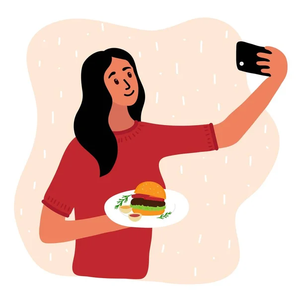 Mujer Bloguera Alimentos Haciendo Foto Selfie Con Hamburguesa Salsa Para — Archivo Imágenes Vectoriales
