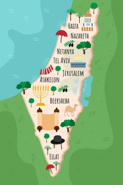 İsrail 'in karikatür haritası. Yahudi işaretleri, binalar, yiyecekler ve bitkilerle dolu bir seyahat illüstrasyonu. Komik turist bilgi grafikleri. Ulusal semboller. Meşhur cazibeler. Vektör illüstrasyonu.