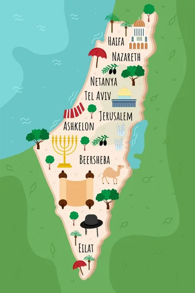 Mapa Dos Desenhos Animados Israel Ilustração Viagem Com Marcos Judaicos — Vetor de Stock