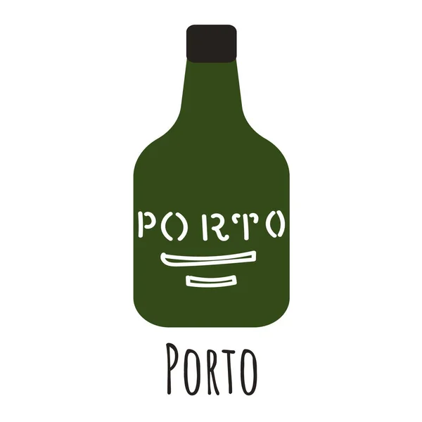 ポートワインのフラットスタイルボトル ポルトのシンボル 旅行者のランドマークアイコン 白を基調としたベクトルイラスト — ストックベクタ
