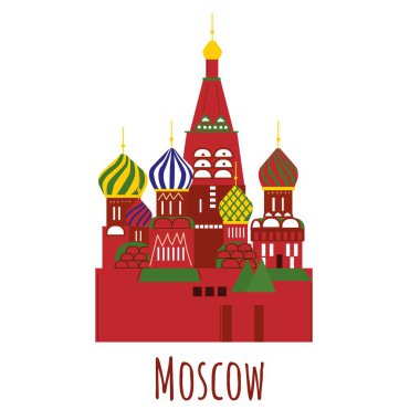 Düz stil St. Basil Kilisesi, Moskova 'nın sembolü. Meşhur Rus katedrali. Gezginler için simge. Vektör illüstrasyonu beyaz arkaplanda izole edildi