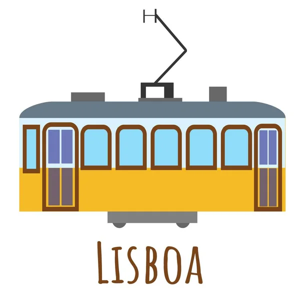 Tranvía amarillo vintage de estilo plano, símbolo de Lisboa. Icono emblemático para los viajeros. Ilustración vectorial aislada sobre fondo blanco — Archivo Imágenes Vectoriales