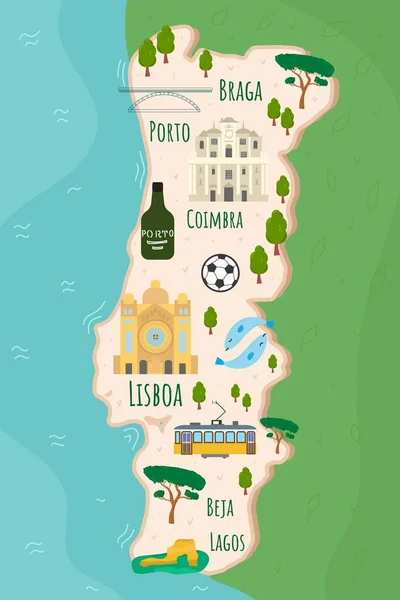 Cartoon map of Portugal. Travel illustration with landmarks, buildings, food and plants. Funny tourist infographics. National symbols. Famous attractions. Vector illustration. — Vetor de Stock