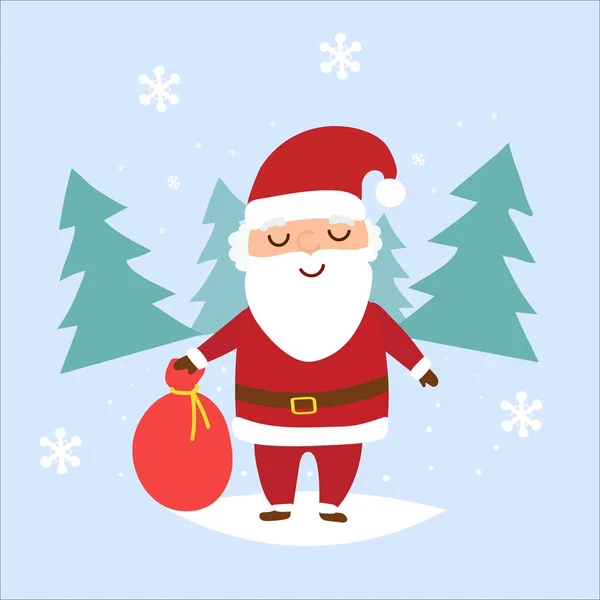 Santa Navidad de dibujos animados con una bolsa con regalos. bosques detrás de él. Ilustración plana vectorial aislada sobre fondo azul — Vector de stock