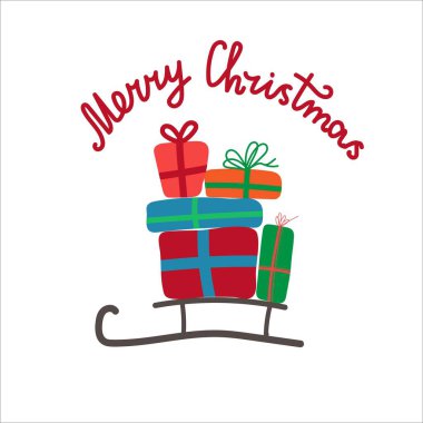 Noel karikatürü Noel Baba 'nın Kızağı hediye dolu. Beyaz arkaplanda izole edilmiş vektör düz illüstrasyon