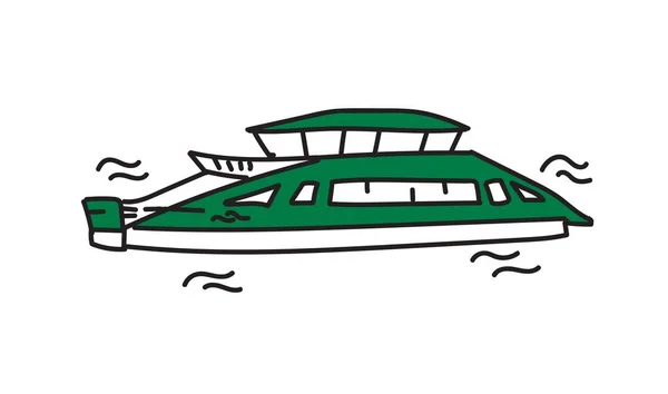Handgezeichnetes Boot im Doodle-Stil. Schwarzer Strich und grüne Elemente. Einfache Vektordarstellung isoliert auf weißem Hintergrund. — Stockvektor