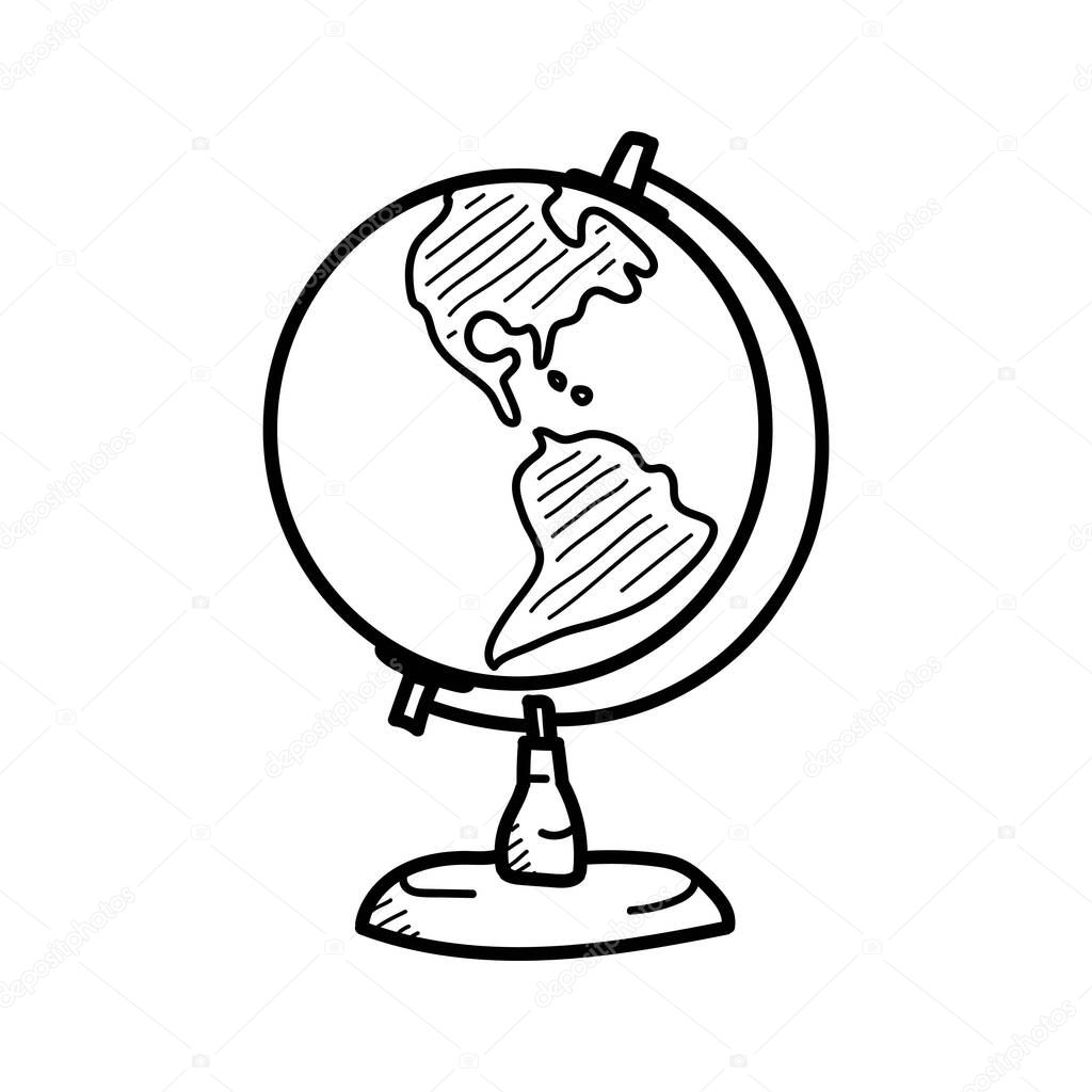 Hand Drawn globe doodle. Side with Africa, Australia, Europe, America. Sketch icon. Vector illustration Isolated on white.