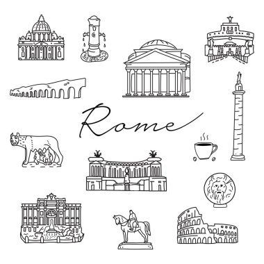 İtalya Roma 'nın el yazısı karalama ikonları çizdi. seyahat mimarisi. Çeşmeler, katedraller. İtalyanca semboller ana hatları çizim ortamı