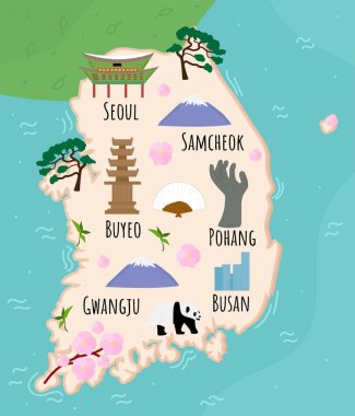 Kore Cumhuriyeti karikatür haritası. Şehir simgeleriyle, binalarla, yiyeceklerle ve bitkilerle gezin. Komik turist bilgi grafikleri. Ulusal semboller. Meşhur cazibeler. Vektör illüstrasyonu
