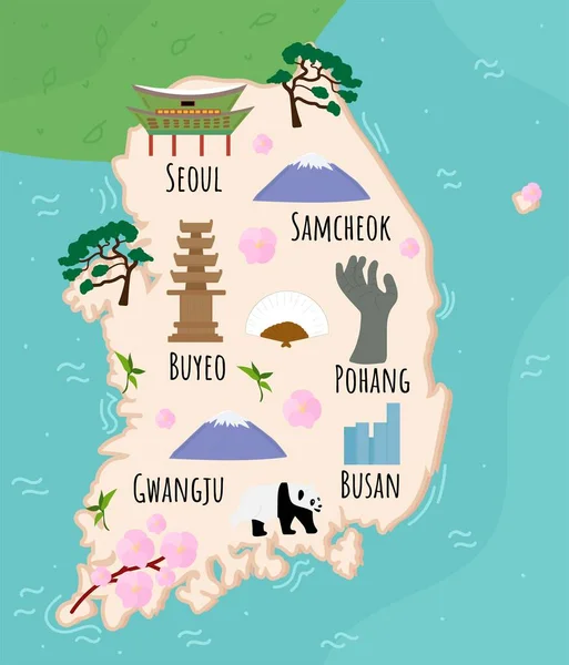 大韓民国の漫画地図 ランドマーク 食品や植物と旅行イラスト 面白い観光インフォグラフィック 国のシンボル 有名なアトラクション ベクターイラスト — ストックベクタ