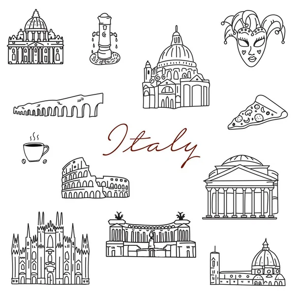 Italia Roma Dibujado Mano Garabatos Iconos Arquitectura Viajes Fuentes Catedrales — Archivo Imágenes Vectoriales