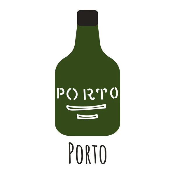 ポートワインのフラットスタイルボトル ポルトのシンボル 旅行者のランドマークアイコン 白を基調としたベクトルイラスト — ストックベクタ