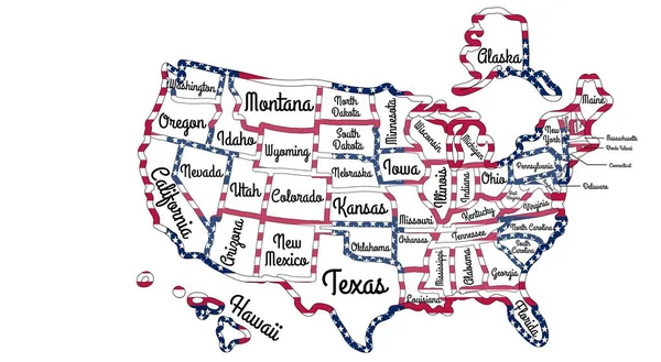 Mappa degli Stati Uniti d'America con nomi di stato. I bordi di ogni stato sono colorati con colori di bandiera USA. Disegno di opere d'arte. Vettore isolato su bianco. — Vettoriale Stock