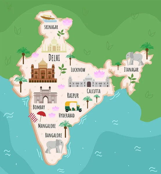 Infografías turísticas sobre la India. Mapa de dibujos animados del país asiático. Ilustración de viajes con monumentos, edificios, alimentos y plantas. Delhi, Taj Mahal, Bombay. Atracciones famosas. Ilustración vectorial. — Archivo Imágenes Vectoriales