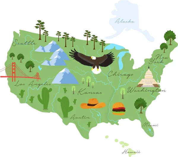 アメリカについての観光インフォグラフィック。アメリカの漫画地図。ランドマーク、建物、食品や植物と旅行イラスト。国のシンボル。有名なアトラクション。ベクターイラスト — ストックベクタ