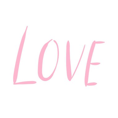 El çizimi harflerle yazılmış aşk. Beyaz arka planda pembe kaligrafik semboller. Kartlar için Sevgililer Günü alıntısı.