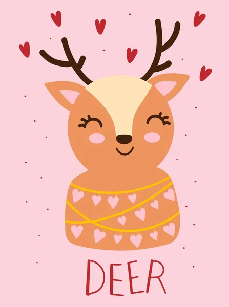 Valentines day card with cute funny deer with hearts around. Hand drawn vector illustration. Scandinavian style flat design. Concept for children holiday print. — Stock Vector