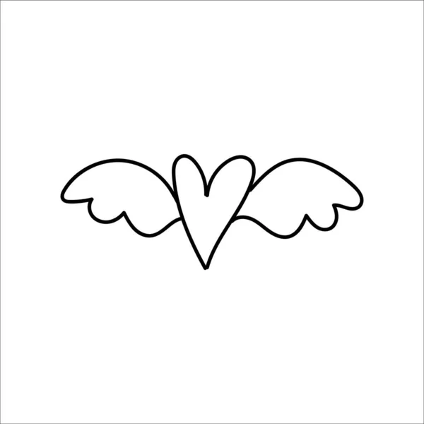 有翅膀的心手工画的涂鸦象征Sain情人节 黑色中风 在白色背景上孤立的向量图 — 图库矢量图片