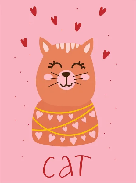 Открытка День Святого Валентина Милой Забавной Кошкой Сердечками Вокруг Ручной — стоковый вектор