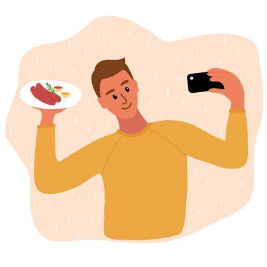 Kafkas erkek yemek blogcusu blog için iki sosis, hardal, ketçap sosu ve biberiyeyle foto selfie çekiyor. Akıllı telefon kamerası olan sevimli bir çocuk. Sosyal medya vektörü çizgi film çizimi