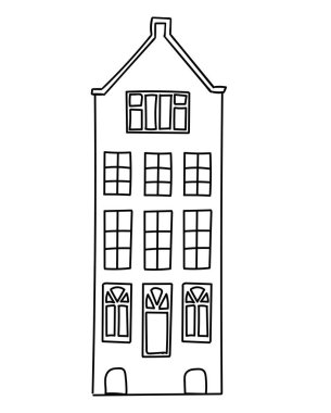 Doodle, Amsterdam 'daki eski evi Hollanda tarzında özetliyor. Tarihi bir cephe. Hollanda 'nın geleneksel mimarisi. Vektör çizimi düz çizgi film biçimi.