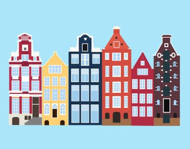 Hollanda tarzında Amsterdam 'daki eski evler. Renkli tarihi bir cephe. Hollanda 'nın geleneksel mimarisi. Mavi arkaplanda vektör illüstrasyon düz çizgi film biçimi.