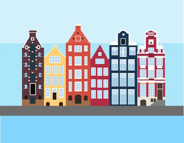 Serie Vecchie Case Amsterdam Stile Olandese Facciata Storica Colorata Canale — Vettoriale Stock
