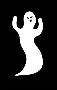 Cadılar Bayramı tasarımı için beyaz hayalet siyah arka planda izole edilmiş. Şeytani gözlerle uçan karakter.