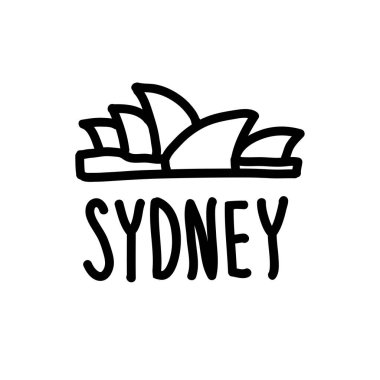 Sydney 'i ve ana sembolünü karalayacağım. Sydney Opera Binası. Basit siyah çizgili el çizimi. Vektör illüstrasyonu beyaz arkaplanda izole edildi