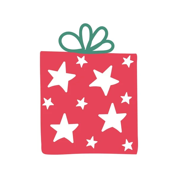 Regalo Navidad Con Adornos Estrellas Blancas Brillantes Divertida Caja Roja — Vector de stock