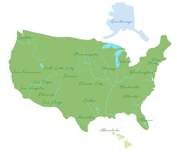 Cartone Animato Mappa Piatta Degli Stati Uniti Illustrazione Viaggio Con — Vettoriale Stock