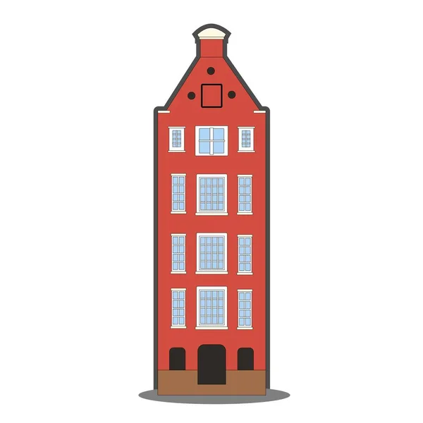 암스테르담의 옛 집입니다. 오렌지 색깔의 역사적 배경과 윤곽이 있다. 네덜란드의 전통 건축 양식. 벡터의 평평 한 만화 스타일. — 스톡 벡터