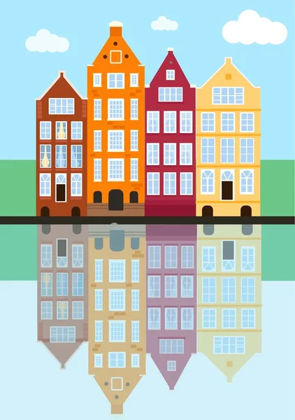 Амстердамский старый дом в голландском стиле. улица Амстердама с традиционными зданиями, отражениями в воде, голубым небом. векторная иллюстрация в плоском стиле. — стоковый вектор